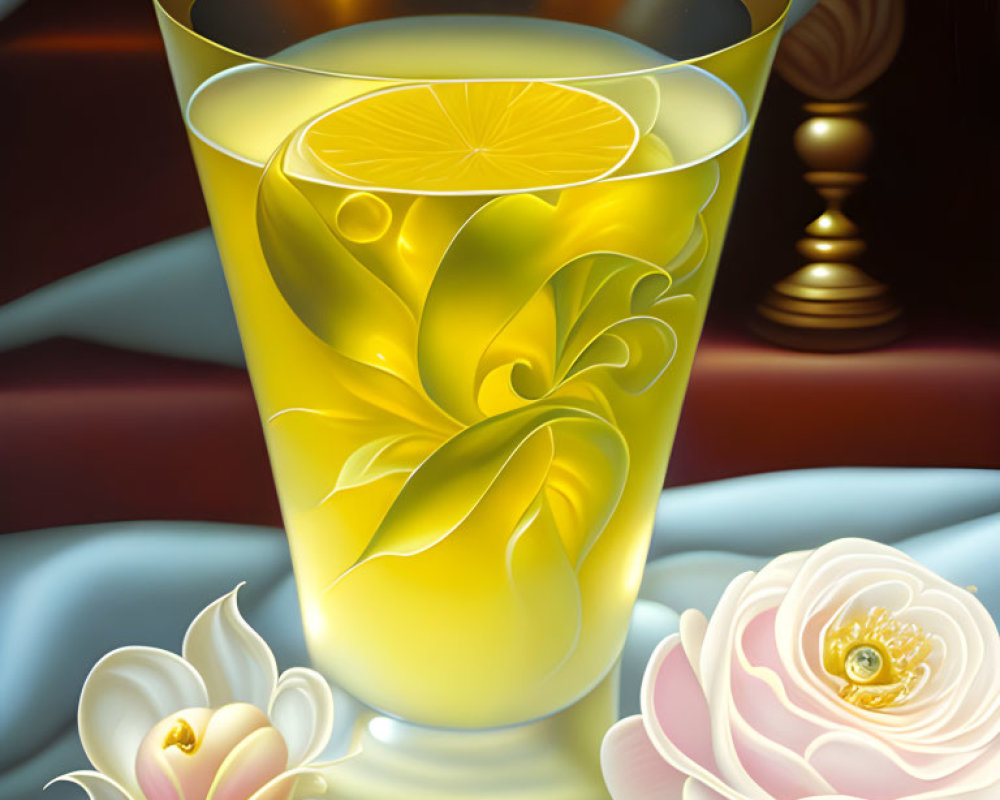 Stylized painting of lemon slice in glass with ornate backdrop, satin fabric, rose & beads