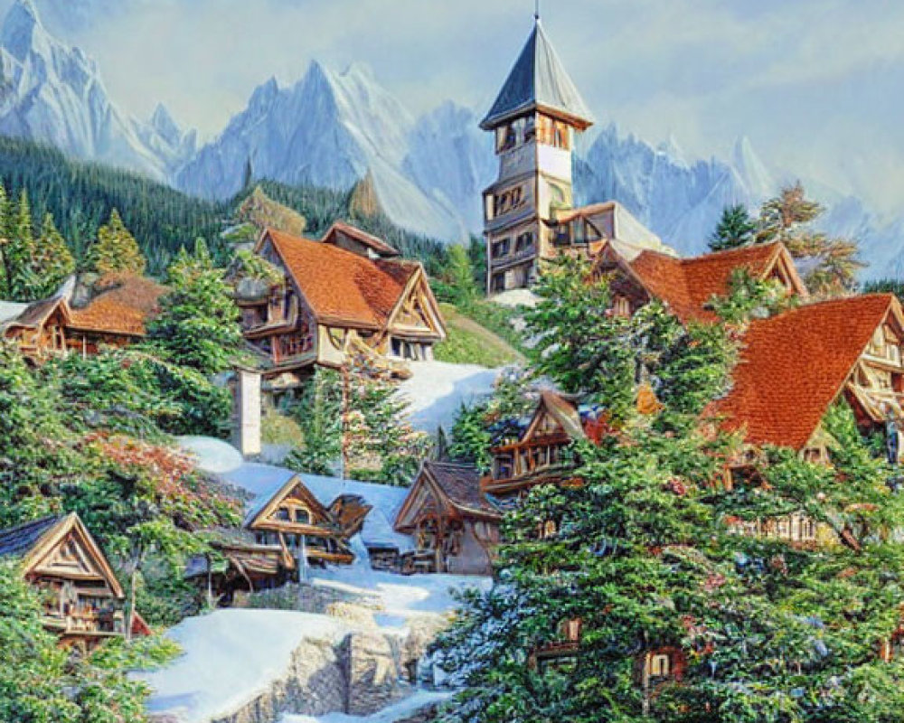 Snowy alpine village with church spire and mountains