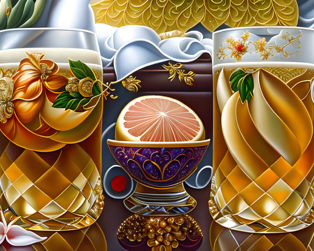 Ornate Beer Steins with Fruit and Hops Motifs on Draped Fabric Background