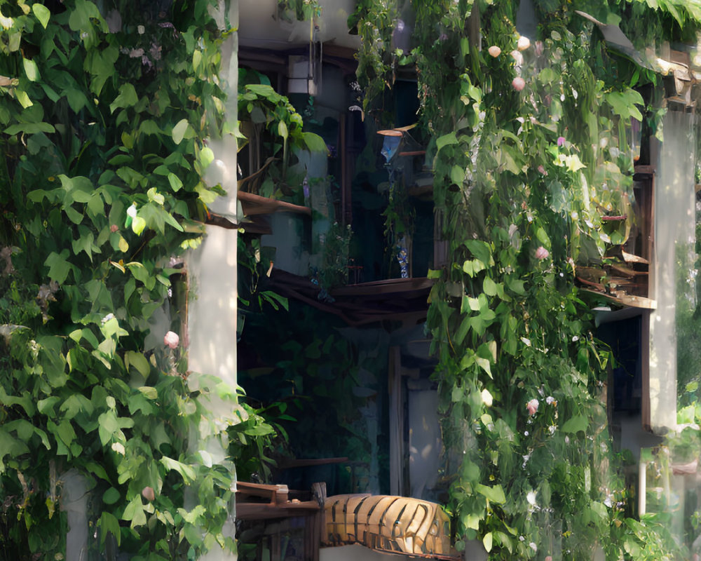 Overgrown building with lush green vines and wooden balconies