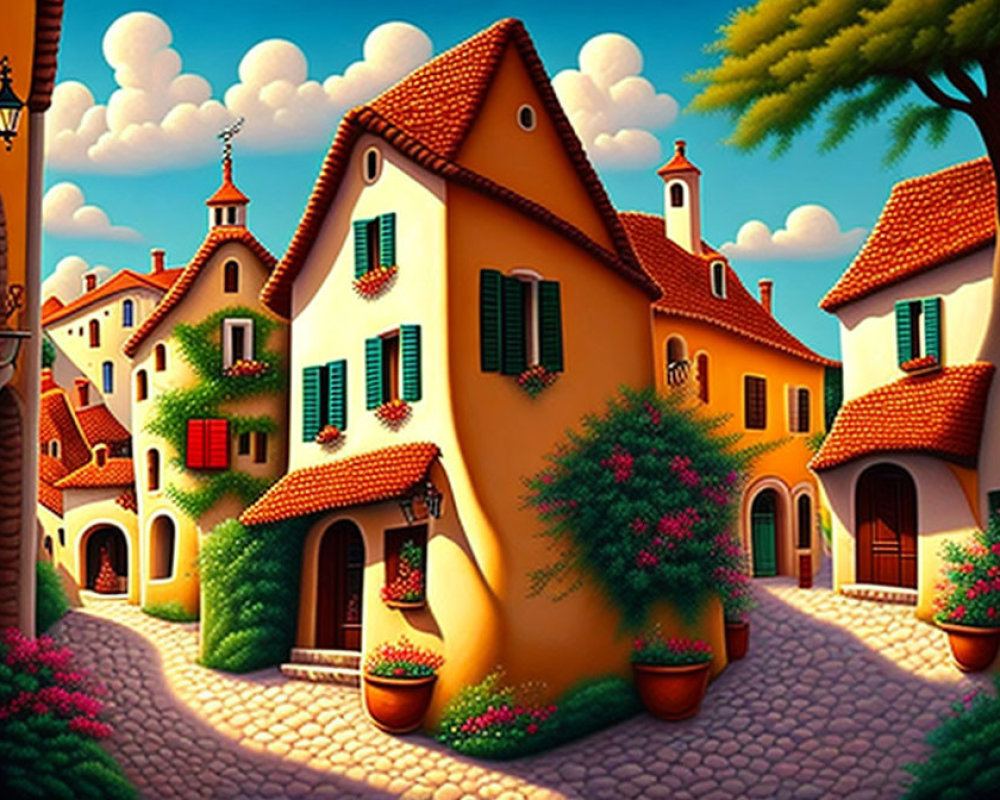 Colorful Village Illustration with Stylized Houses and Blooming Flowers