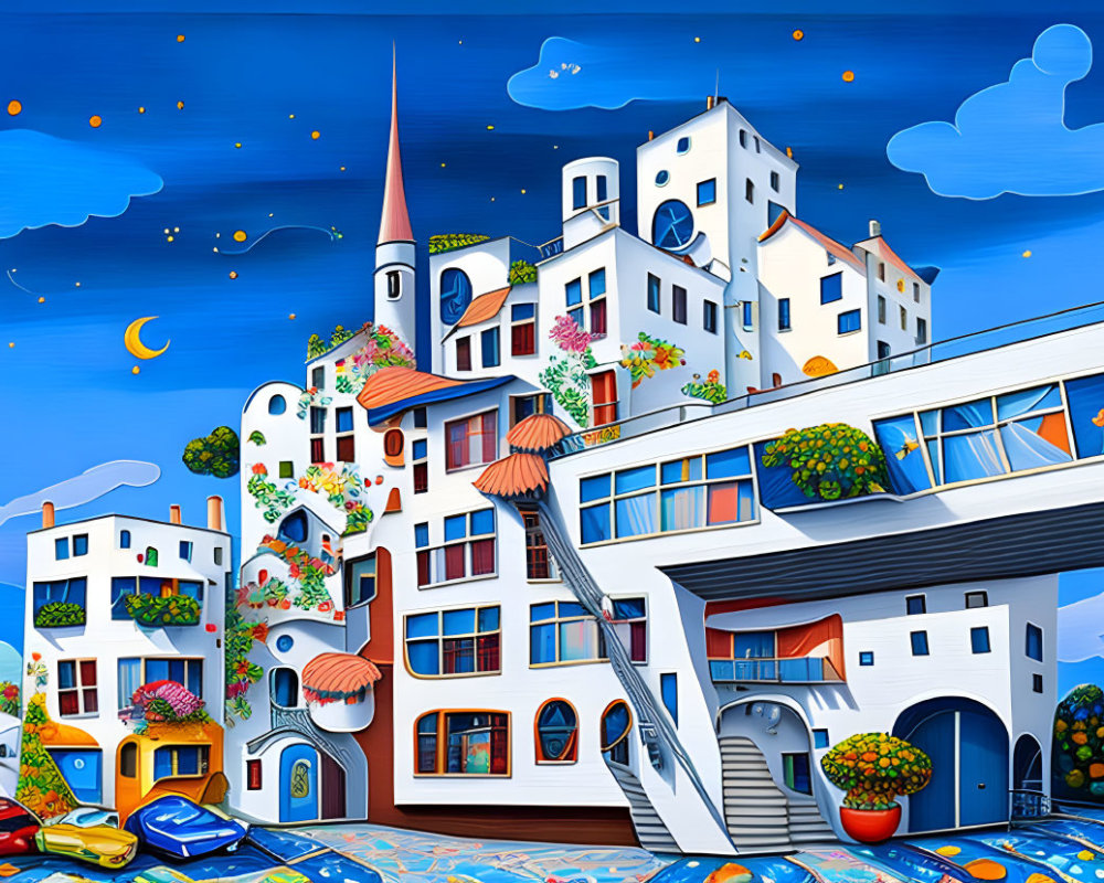 Colorful Stylized Town Artwork with Exaggerated Architecture & Starry Sky