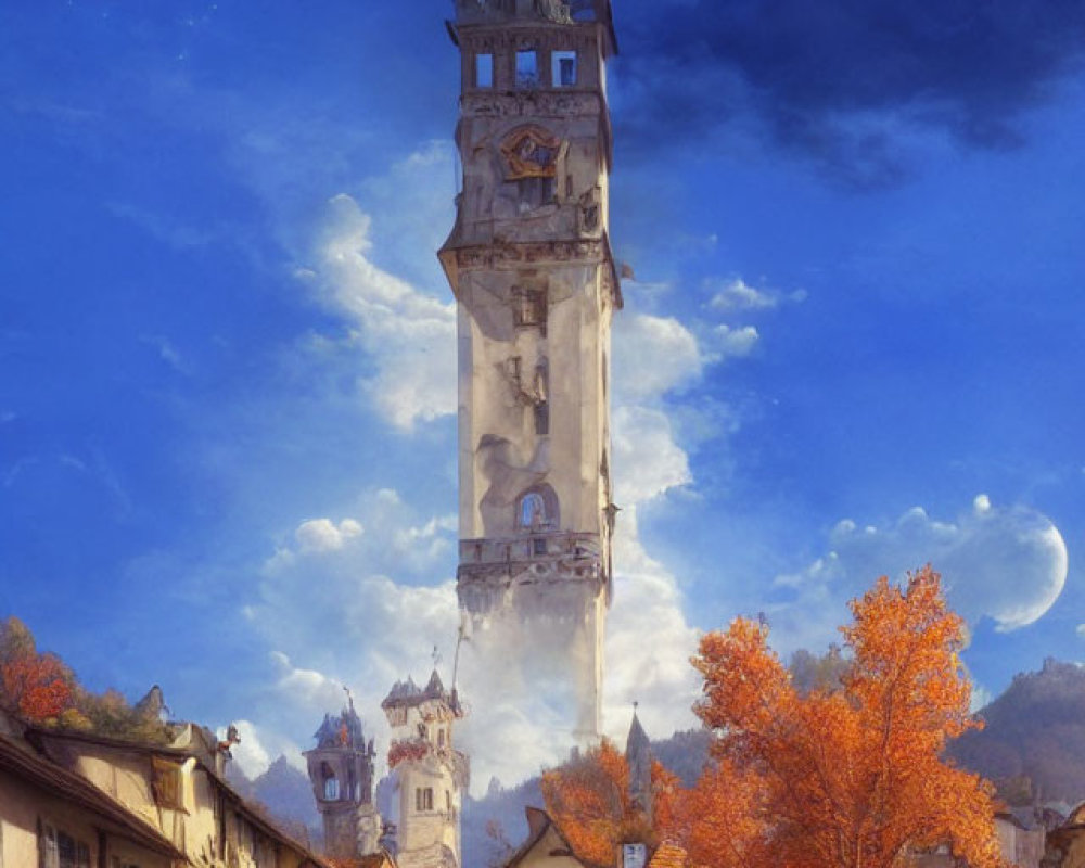 Fantastical tall tower in autumn village with crescent moon