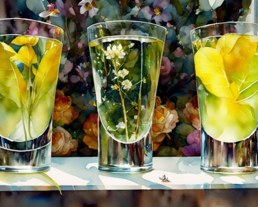 Colorful Watercolor Glasses with Yellow Flowers and Multicolored Flora
