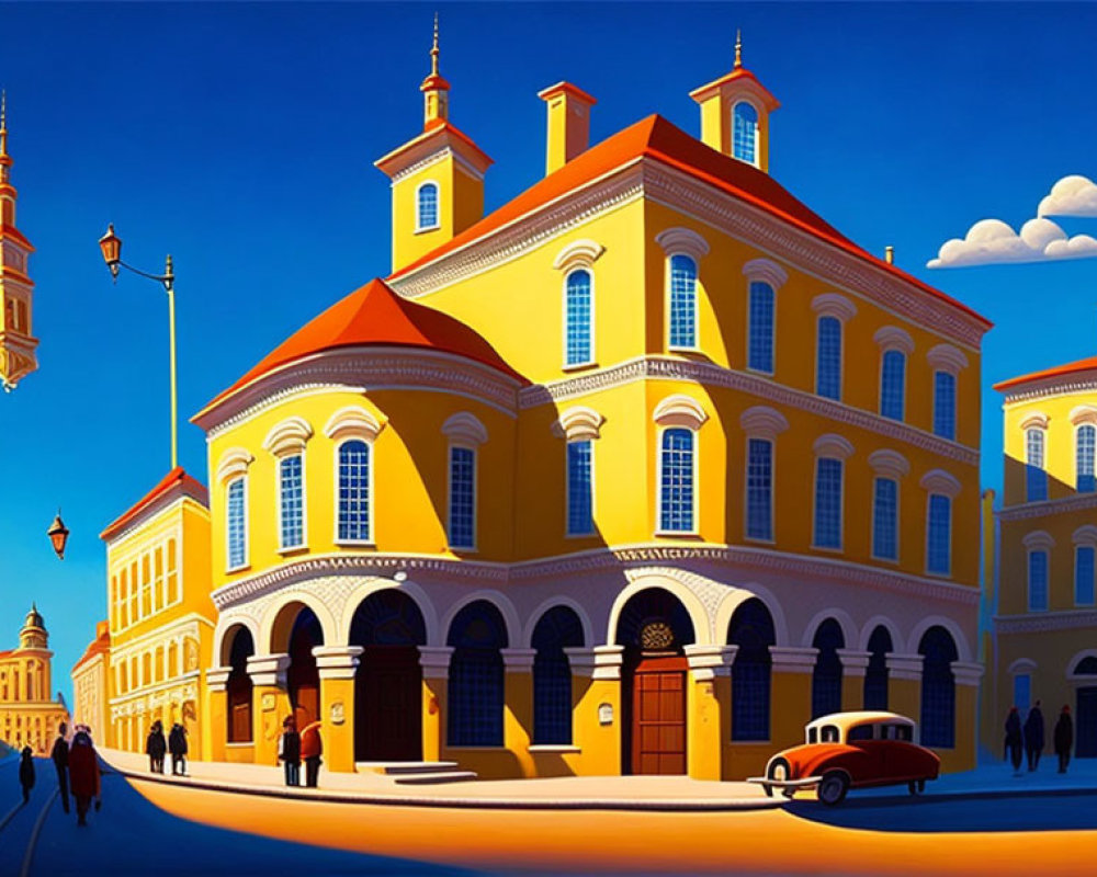 Colorful European Town Scene with Yellow Building, Pedestrians, and Old Car