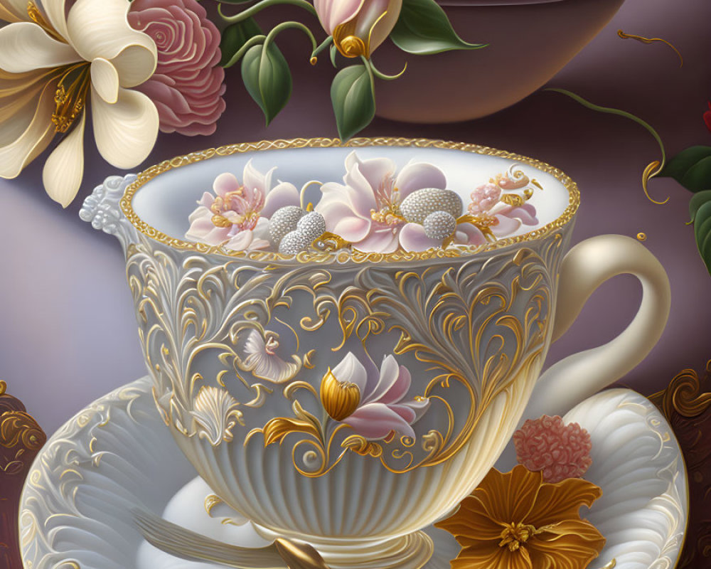 Floral Motif Teacup with Gold Accents on Embellished Saucer