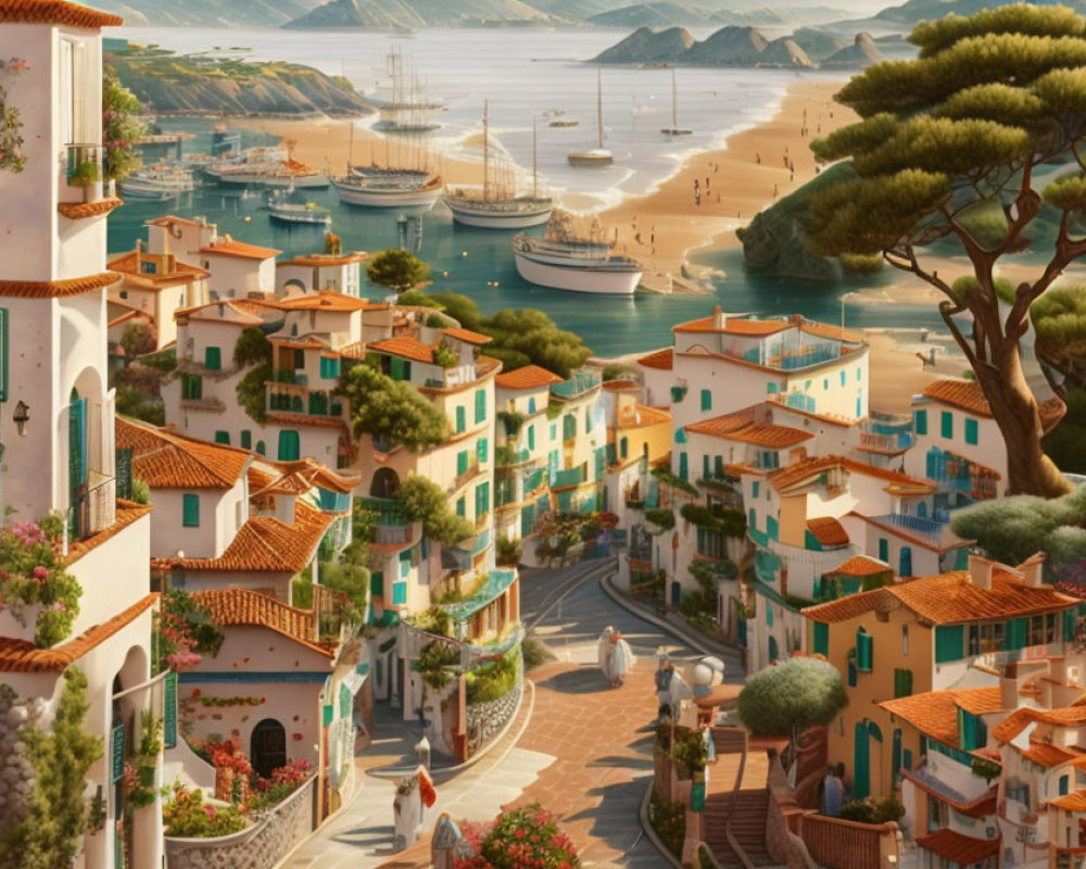 Seaside town with terracotta roofs, cobblestone streets, lush trees, and tranquil harbor