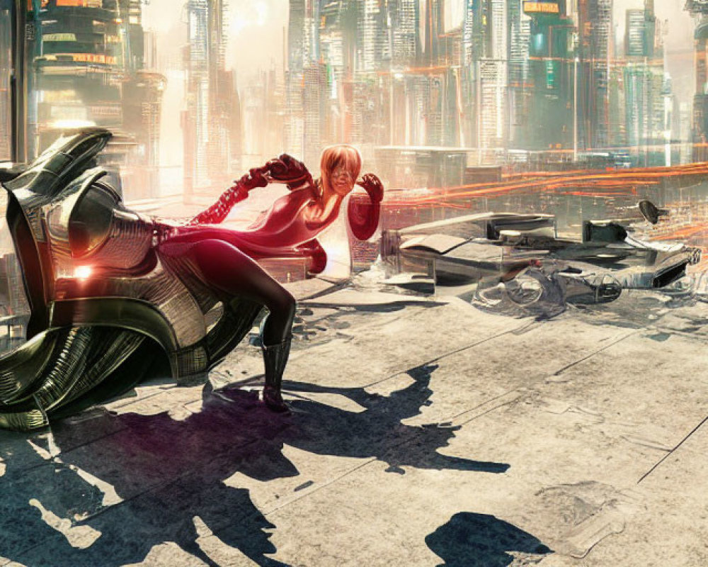 Futuristic cityscape with figures and sleek motorcycle amid high-tech buildings