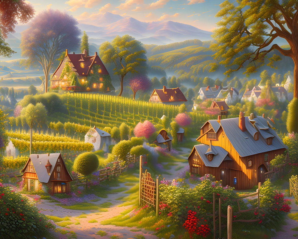 Tranquil village scene with cozy cottages, lush gardens, and blossoming trees