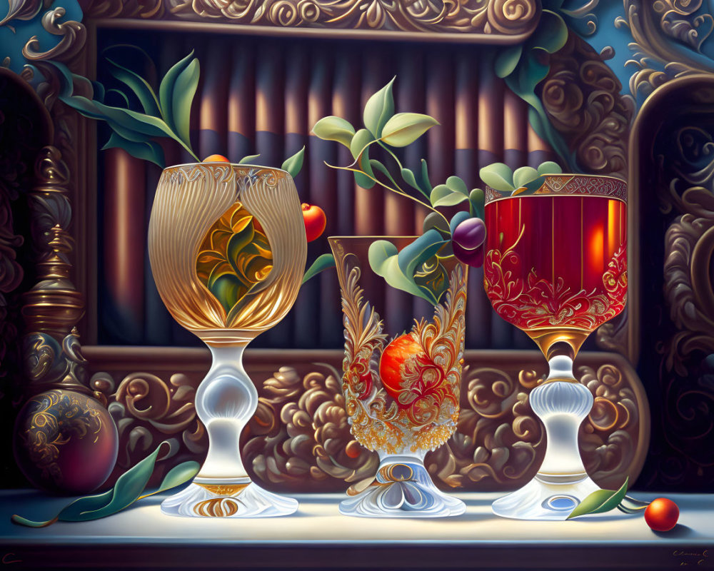 Ornate wine glasses with red and clear liquid on reflective surface surrounded by foliage and classical backdrop
