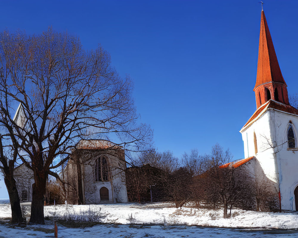 Serene winter scene with red spire church and snow-covered trees