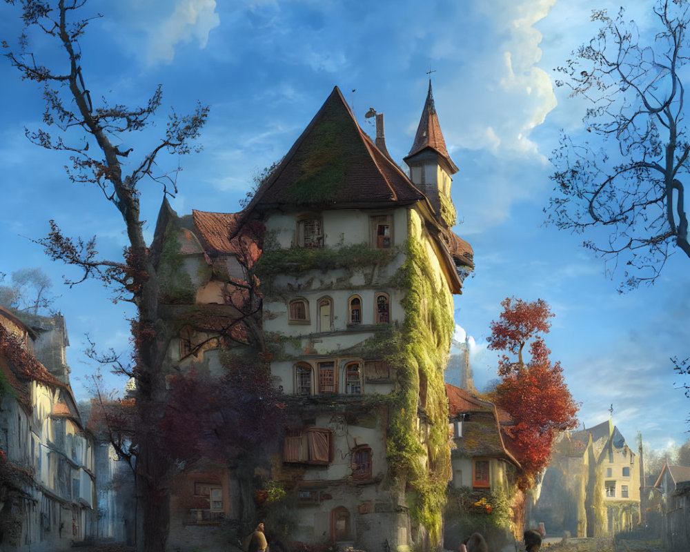 Medieval building with ivy, towers, autumn foliage, and people under blue sky