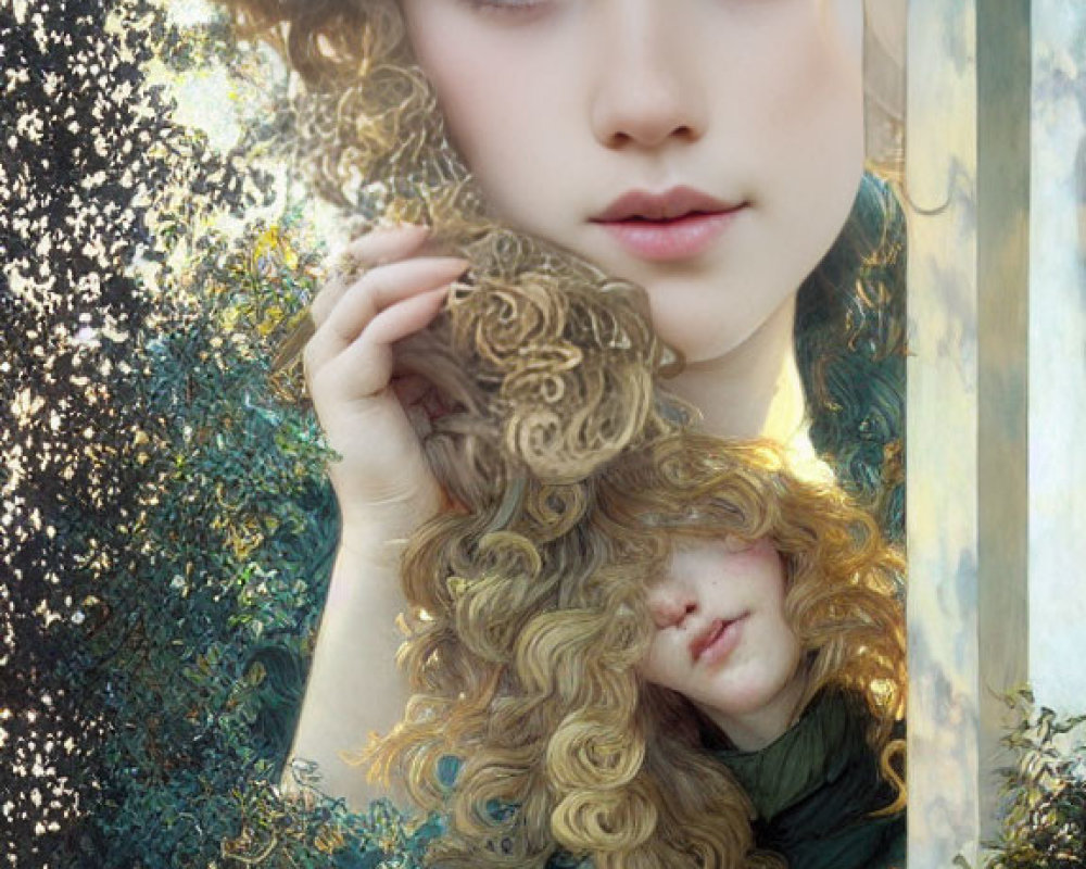 Surreal image of two females with flowing curly hair among foliage