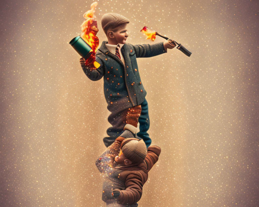 Child playing with toy gun on someone's back in a sparkly setting