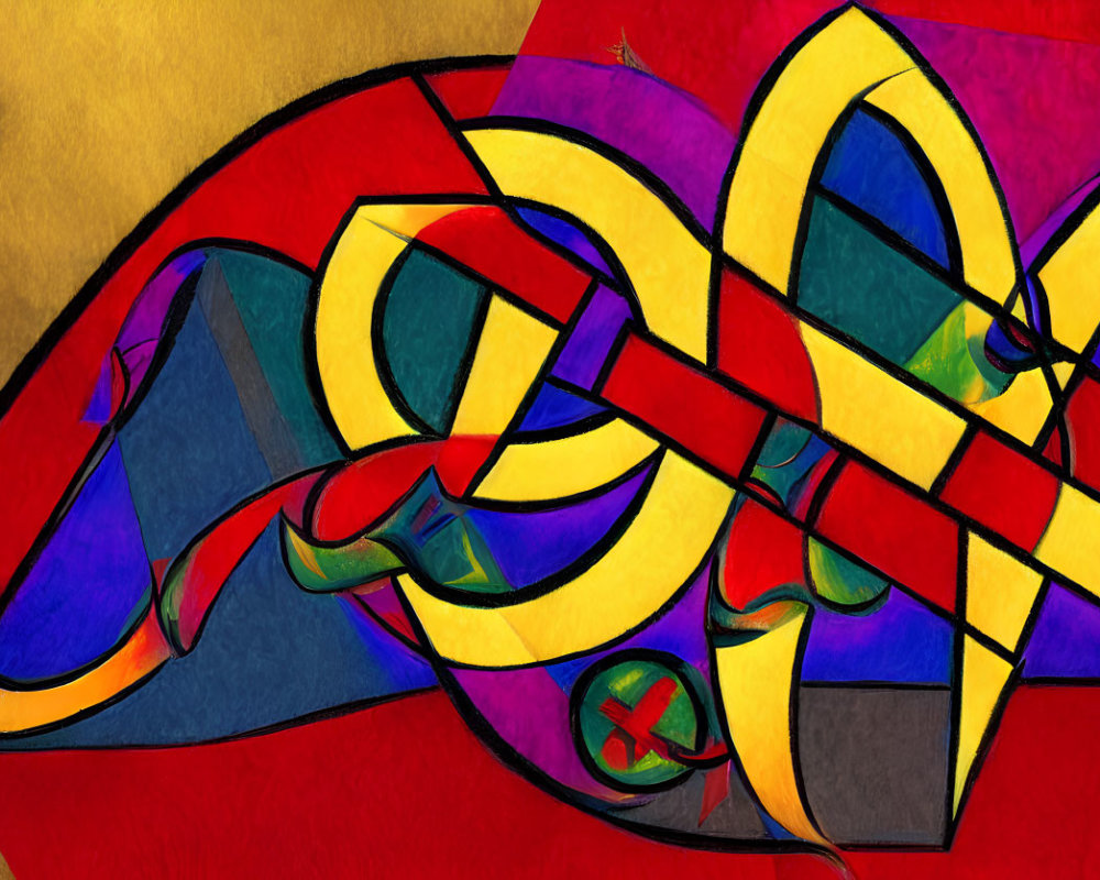 Vivid Red, Yellow, and Blue Abstract Artwork with Ribbon-like Forms