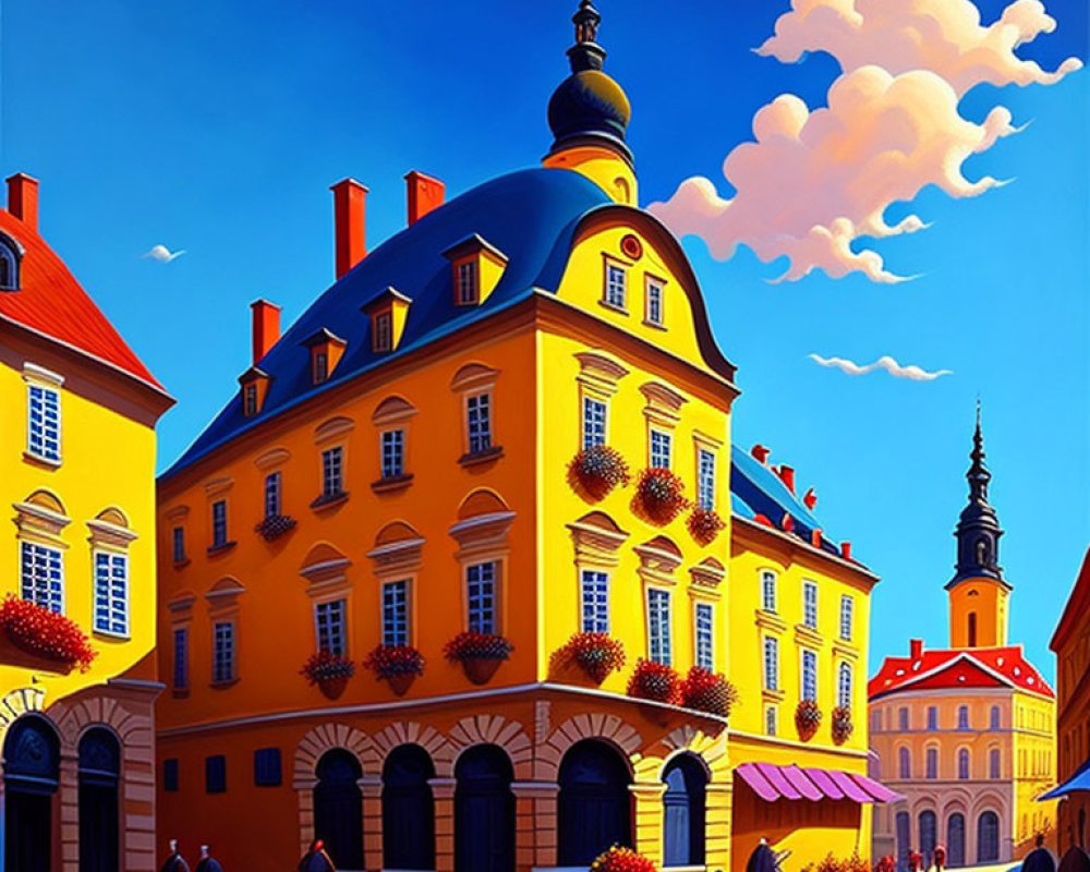 Colorful street scene with ornate orange building and blue sky