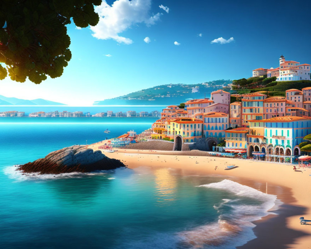 Vibrant coastal town with colorful buildings, sandy beach, and clear blue sea