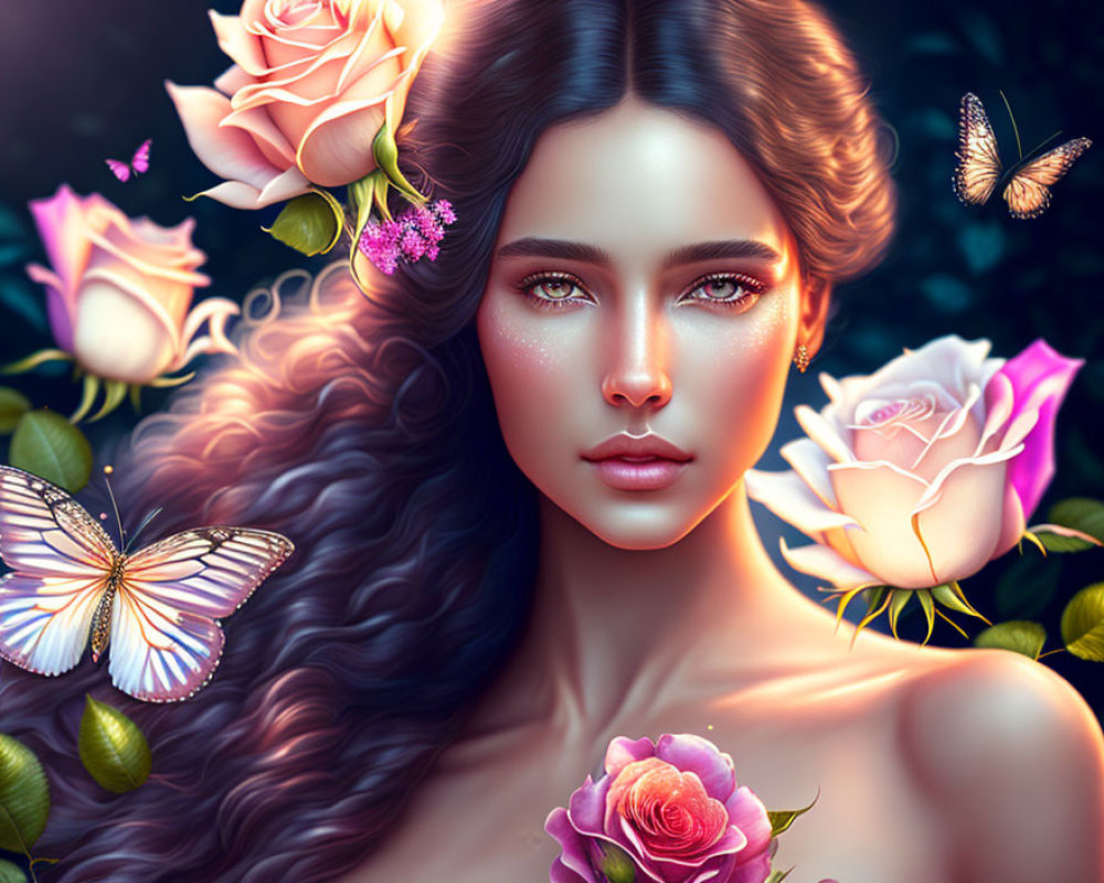 Digital artwork: Woman with vibrant roses, butterflies, detailed hair, fantasy makeup