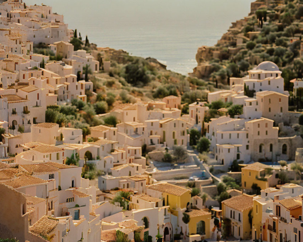 Scenic Mediterranean seaside village with white houses, terracotta roofs, and winding streets.