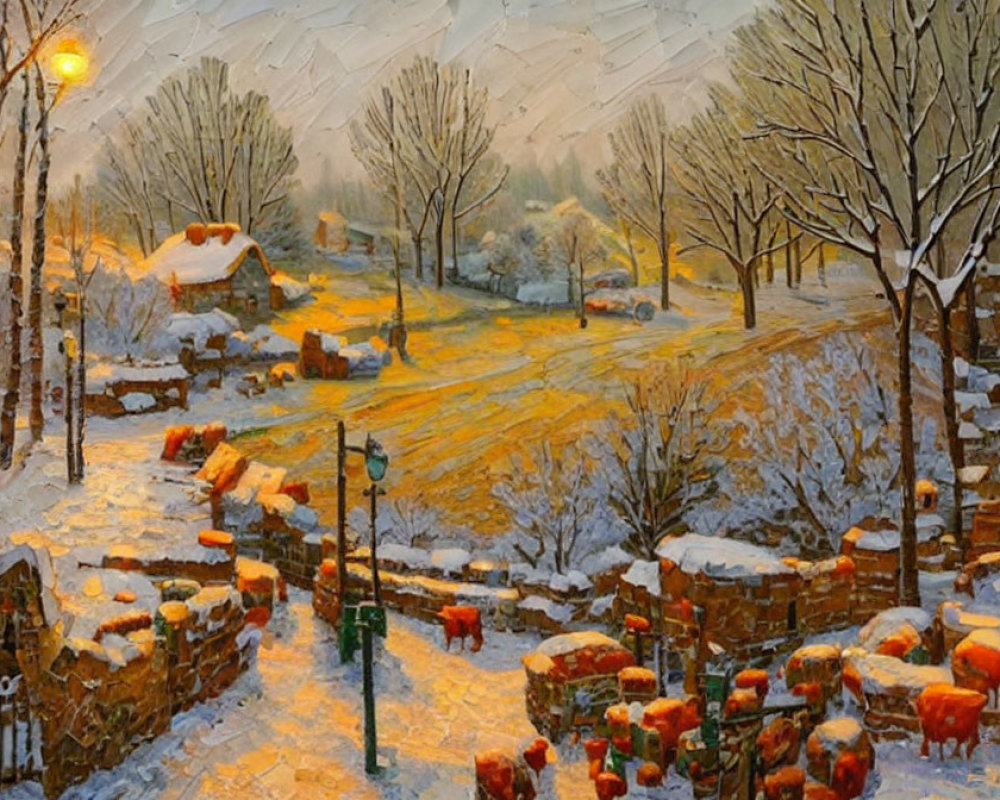 Snowy village winter scene with lit street lamps and cozy houses