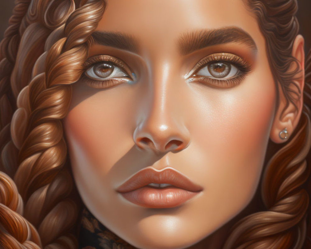 Detailed Digital Portrait of Woman with Braided Hair and Piercing Brown Eyes
