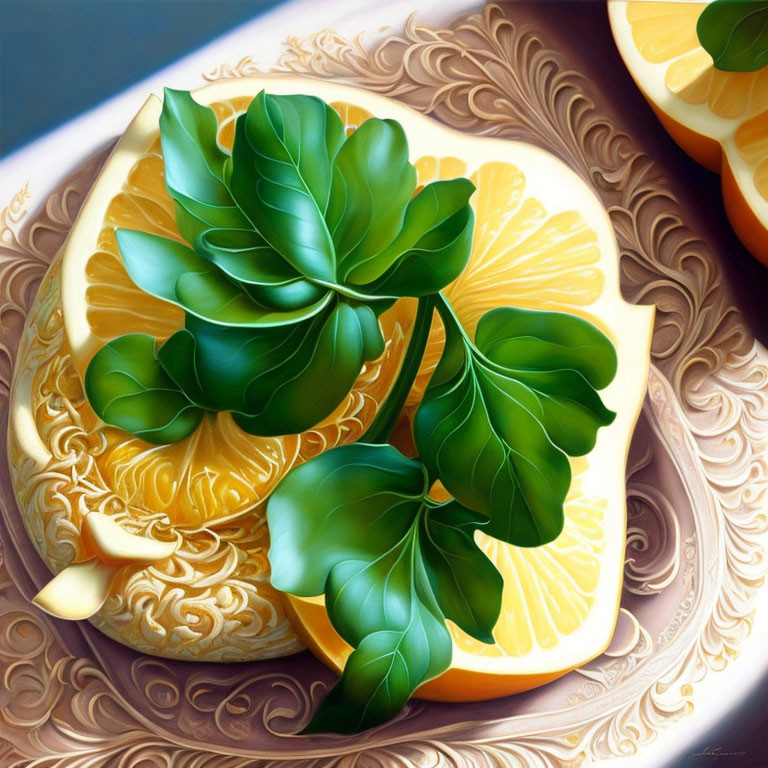 Realistic Painting of Sliced Lemons with Green Leaves on Patterned Background