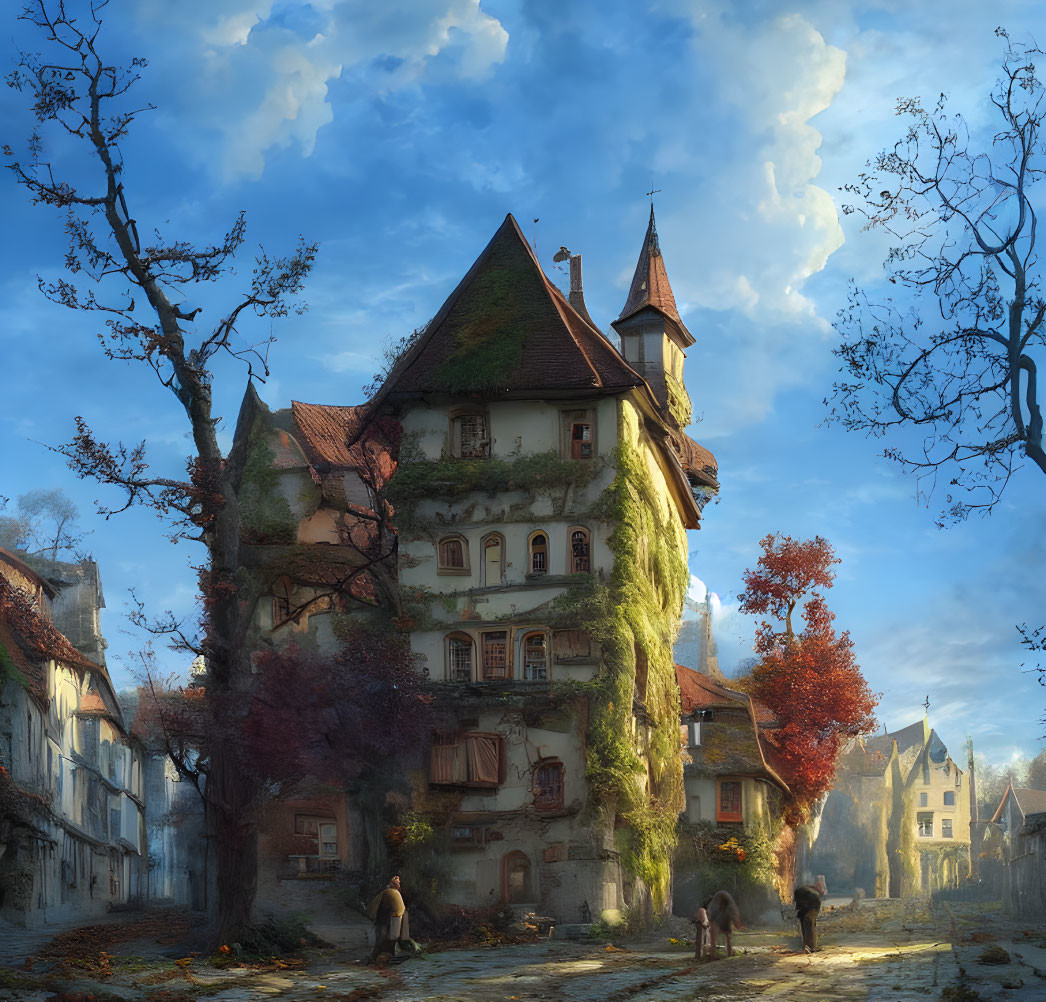 Medieval building with ivy, towers, autumn foliage, and people under blue sky