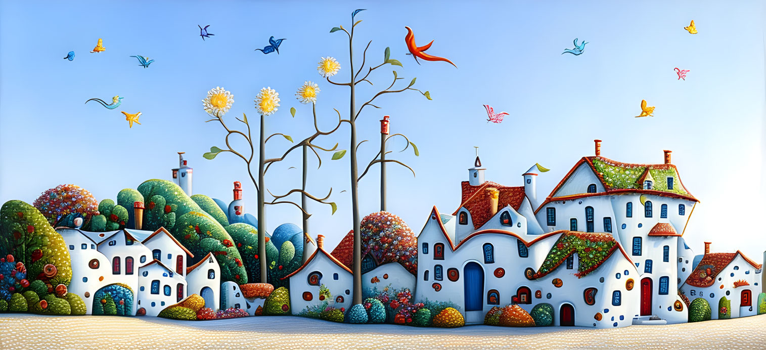 Colorful Stylized Houses in Whimsical Landscape with Birds