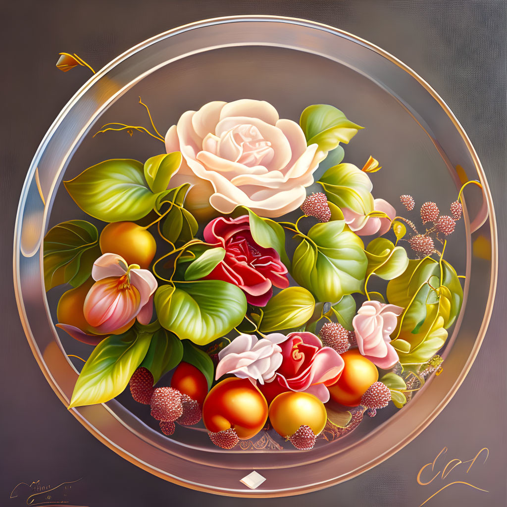 Colorful Floral Arrangement Painting with Roses and Berries on Dark Background