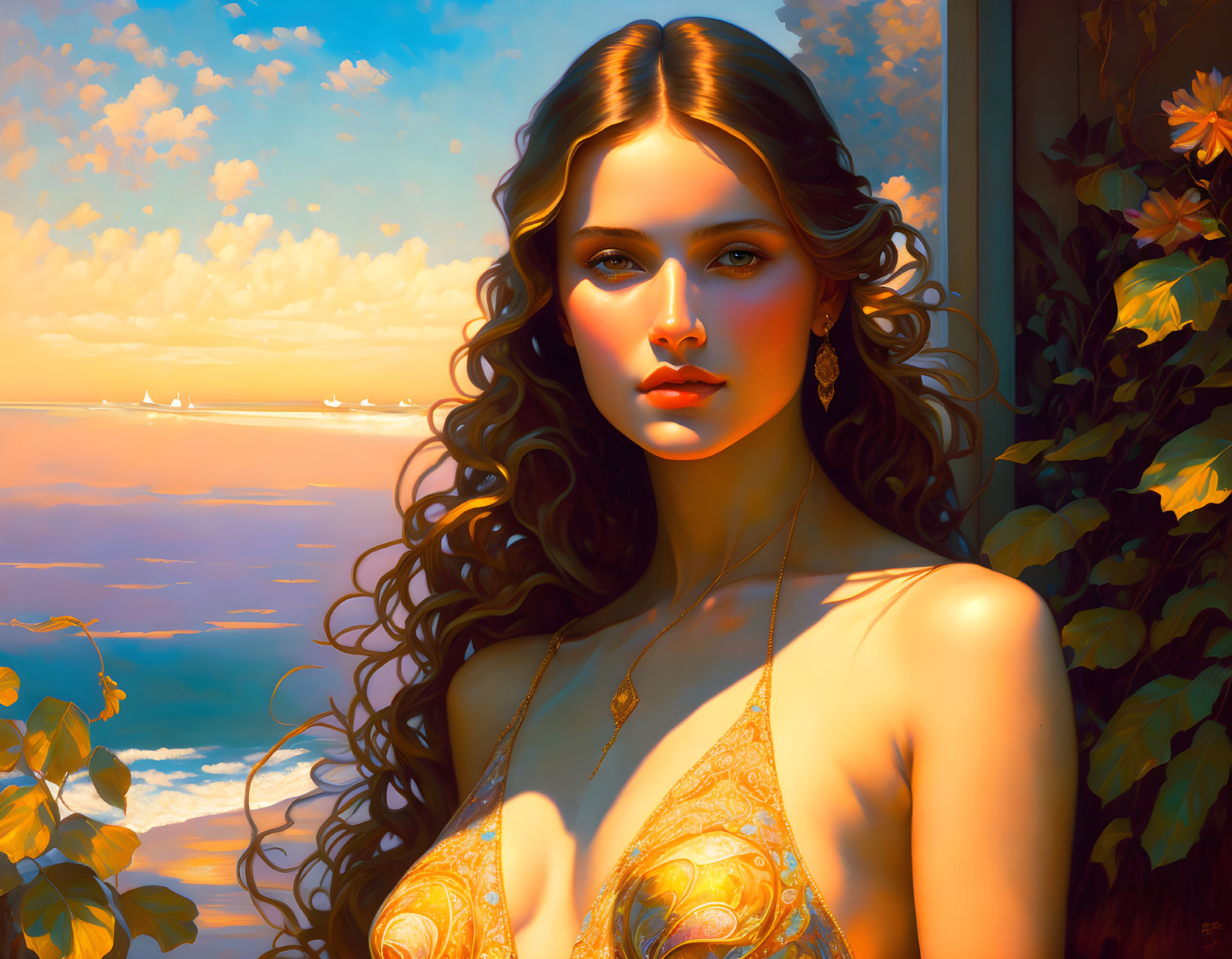 Digital portrait of woman with long brown hair, gold dress, earrings, set against sunset sky and sea