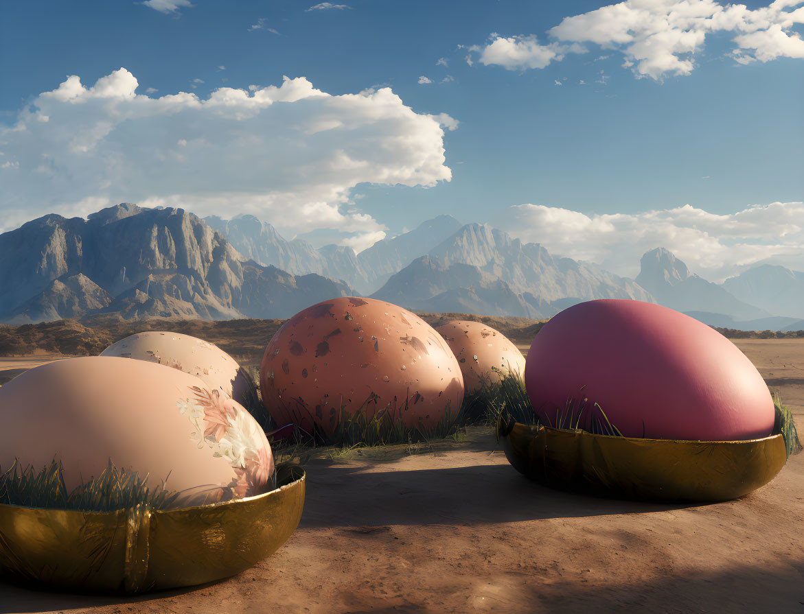 Decorated Easter Eggs in Desert Landscape with Mountains