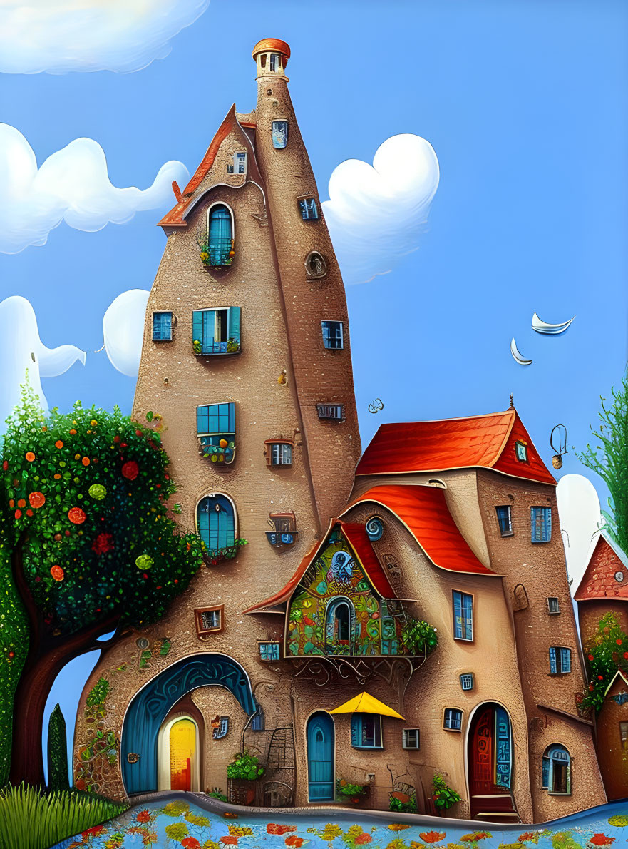 Colorful illustration of elongated yellow-orange house with red roof and trees under blue sky