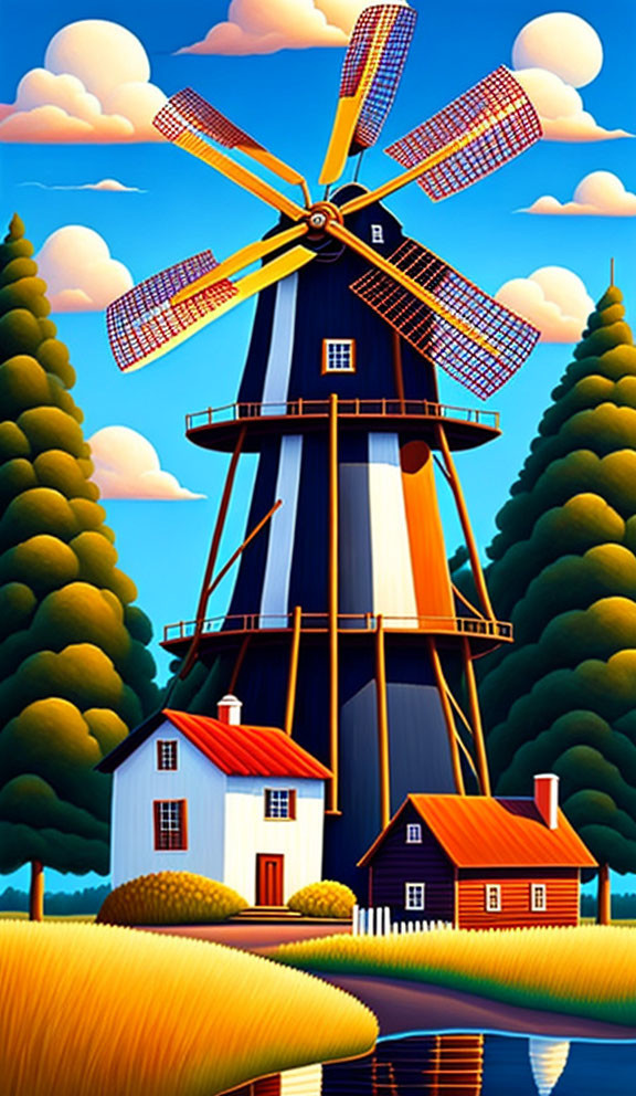 Colorful windmill surrounded by trees, wheat field, and house.