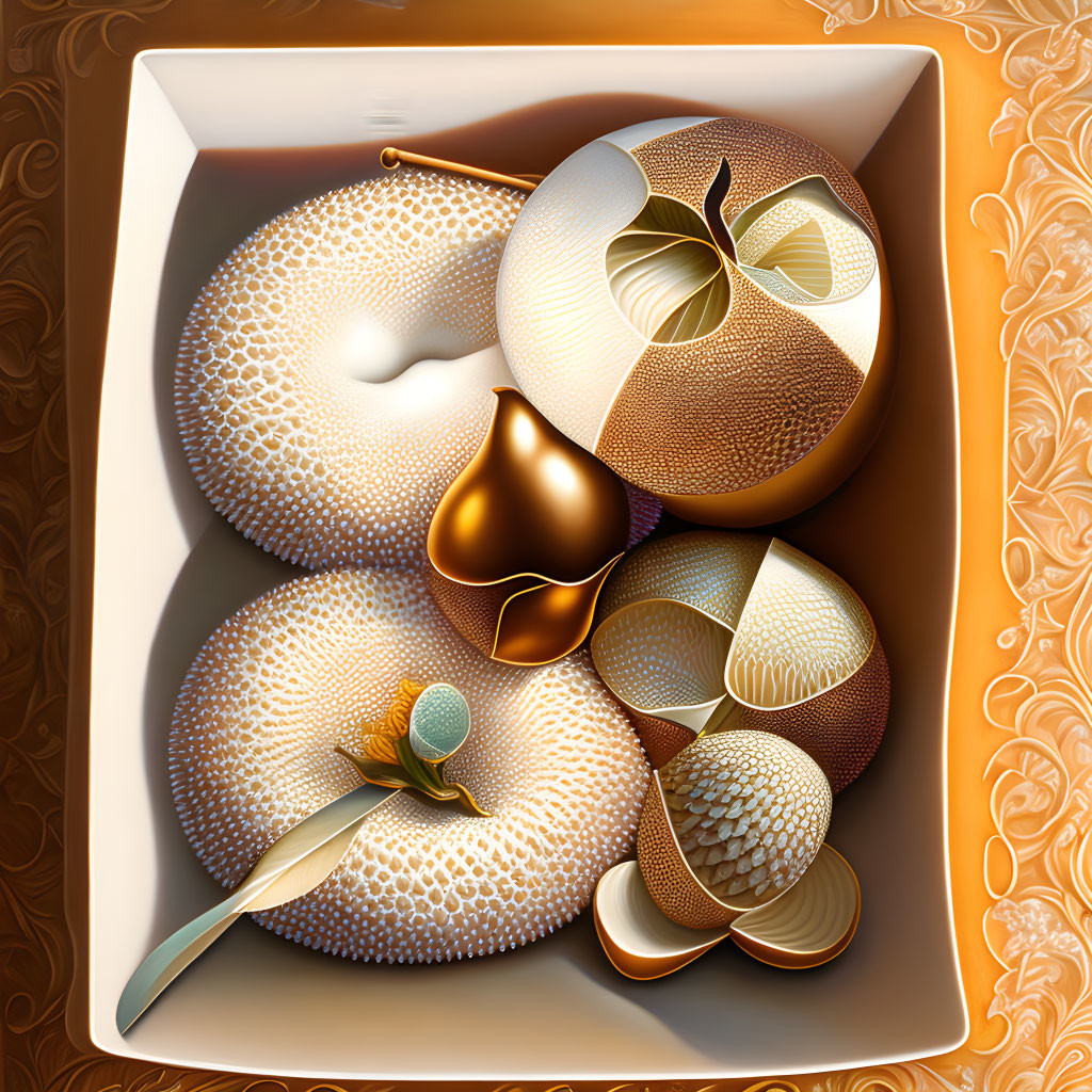 Hyper-realistic golden-themed fruit bowl illustration with textured fruits and metallic gold spoon on decorative background.