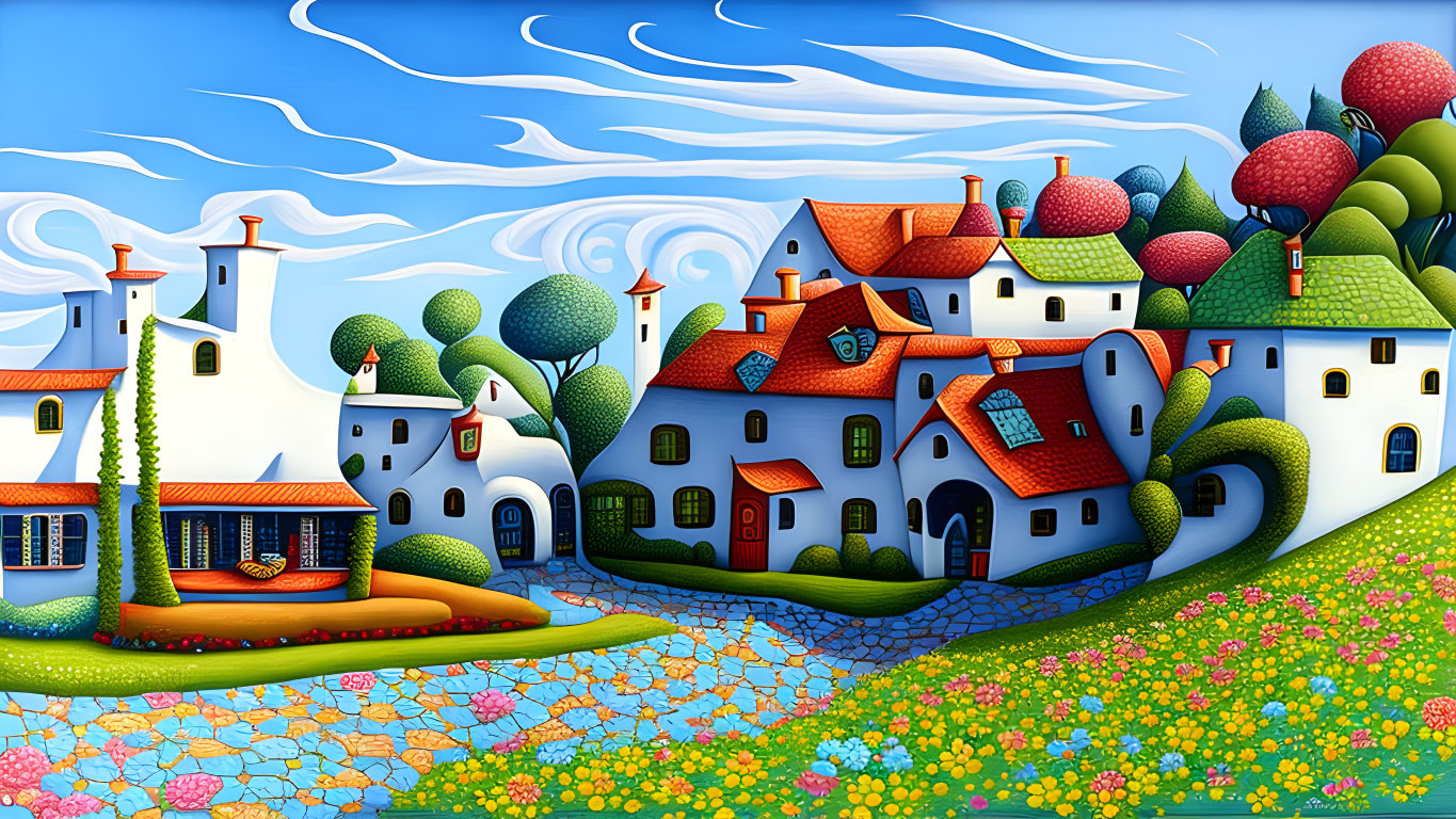 Colorful landscape painting with stylized houses, trees, hills, and whimsical sky.