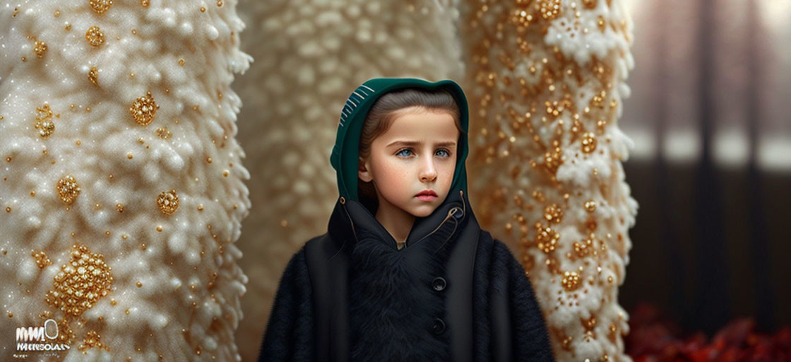 Child with Blue Eyes in Black Coat & Green Cape on Beige Background