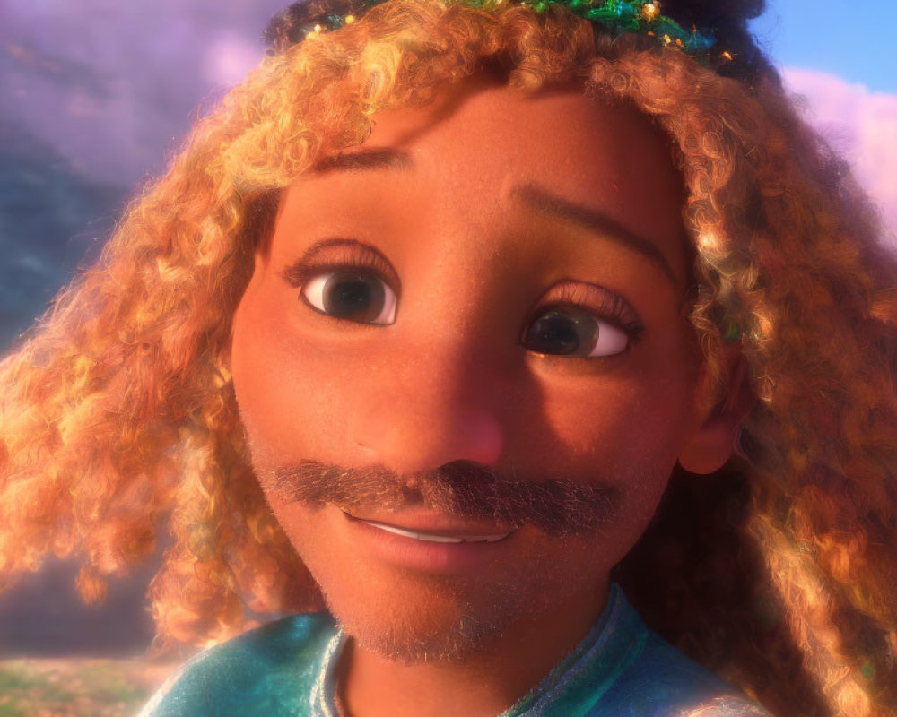 Smiling animated male character with curly hair and crown in blue attire