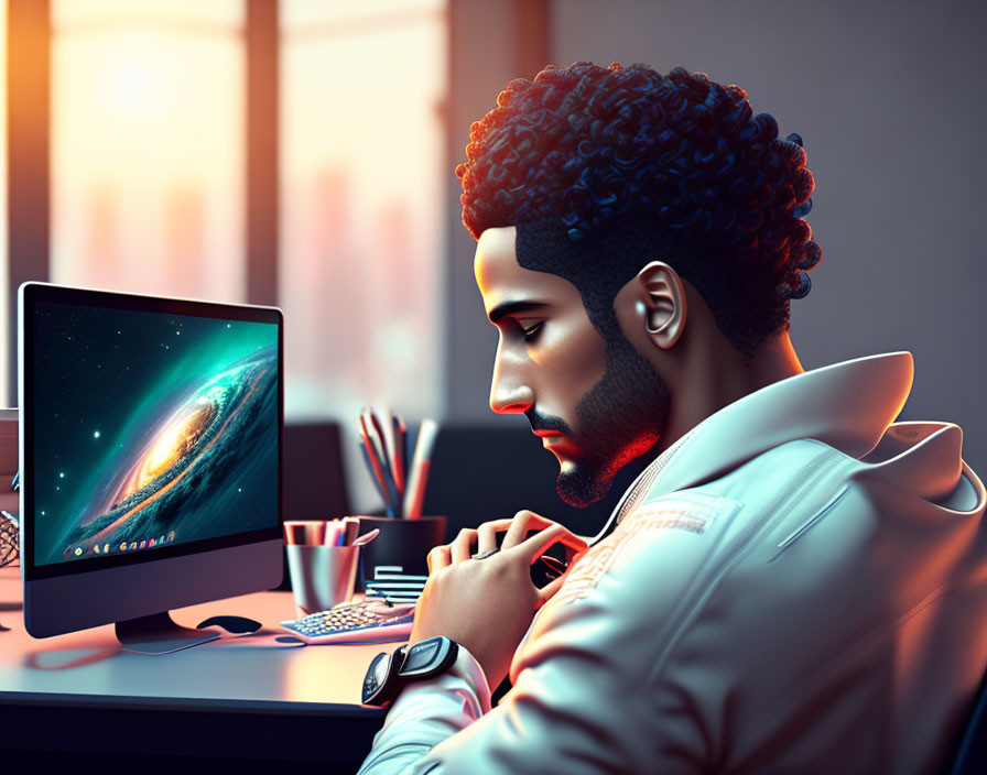 Curly-Haired Man at Desk with Galaxy Computer and Sunset Glow