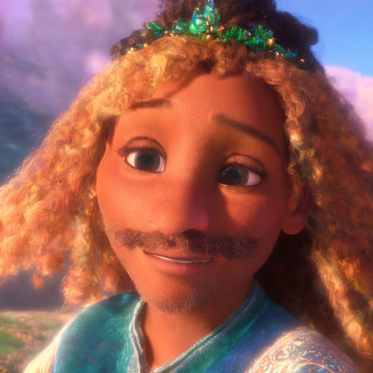 Smiling animated male character with curly hair and crown in blue attire