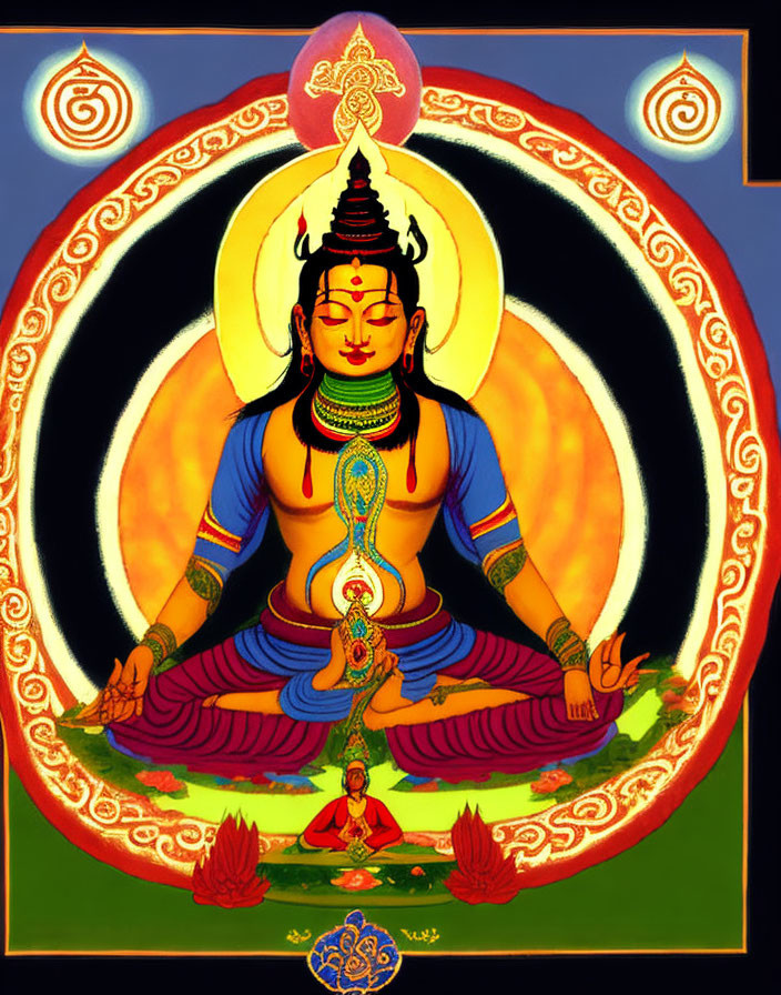 Vibrant illustration of a meditating four-armed deity in traditional attire