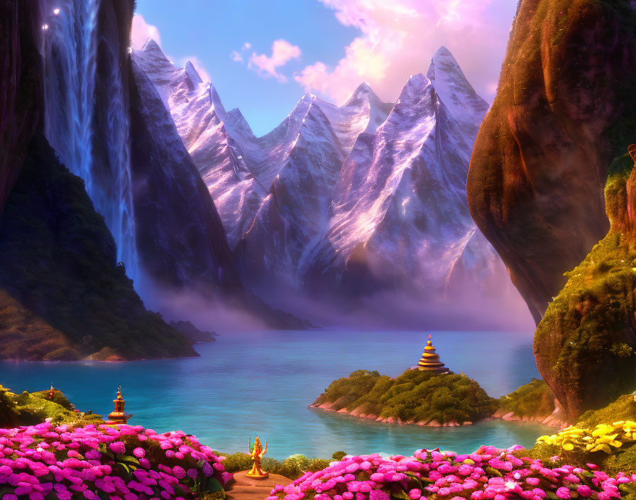 Fantasy landscape with pink flowers, turquoise lake, pagodas, and misty mountains.