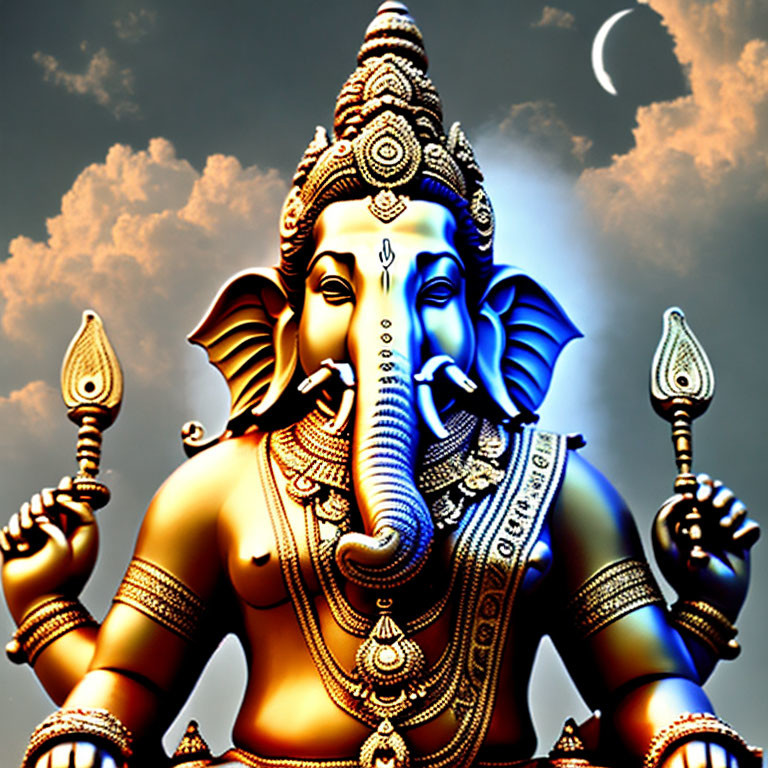 Vibrant Lord Ganesha artwork with four arms and symbolic objects on sky background
