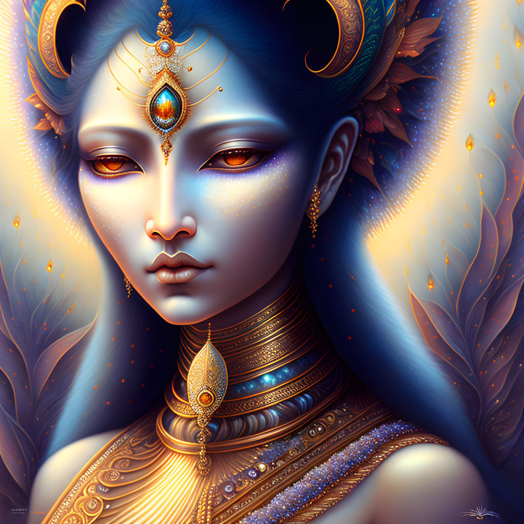 Fantastical female figure with blue skin and golden jewelry on autumnal background