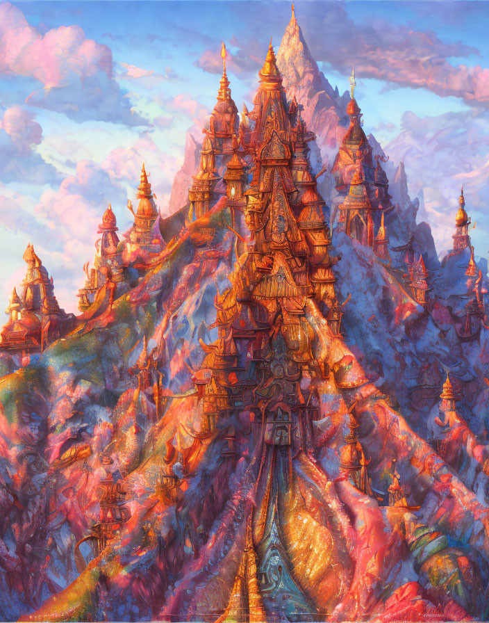 Fantastical mountain landscape with golden temples at sunset