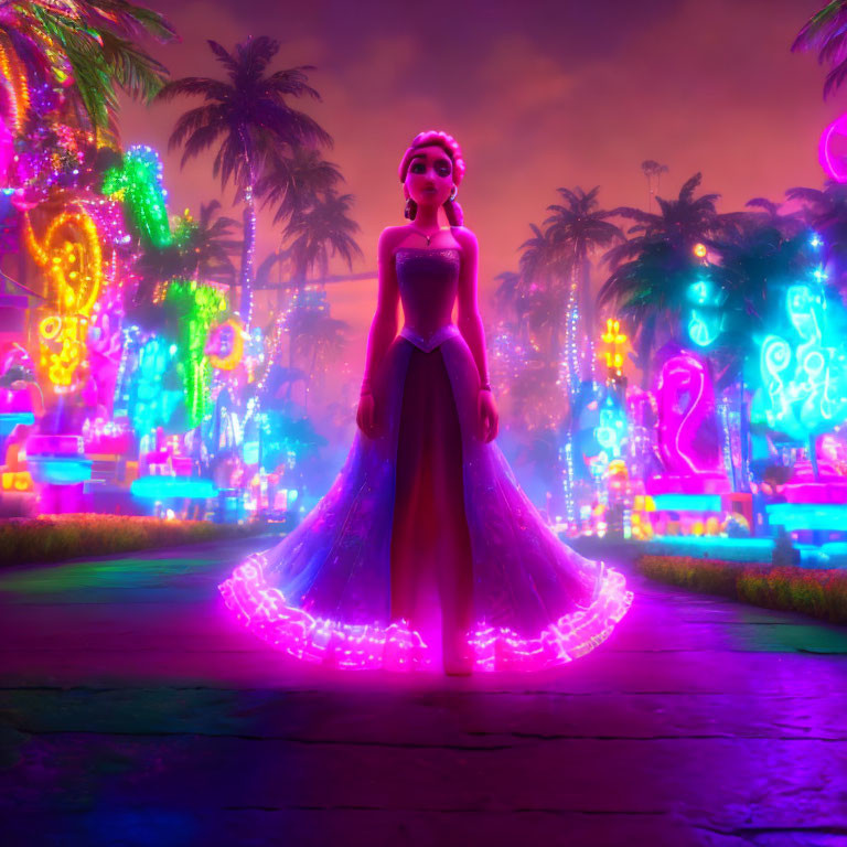 Purple-dressed animated character amid neon signs and palm trees at twilight