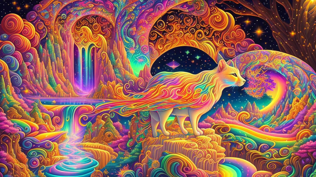 Colorful Psychedelic Artwork: Vibrant Cat in Fantasy Landscape