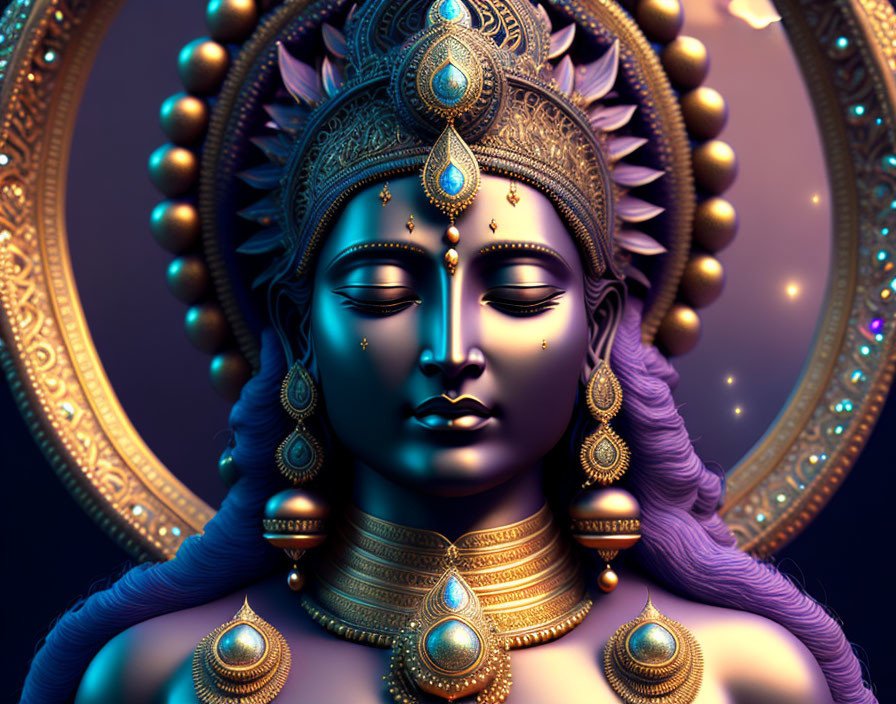 Hindu Deity with Multiple Arms and Gold Jewelry on Decorative Background