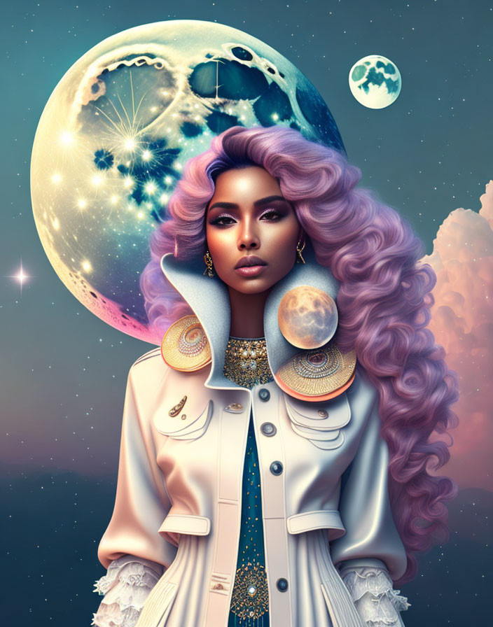Stylized portrait of woman with purple hair in cosmic setting