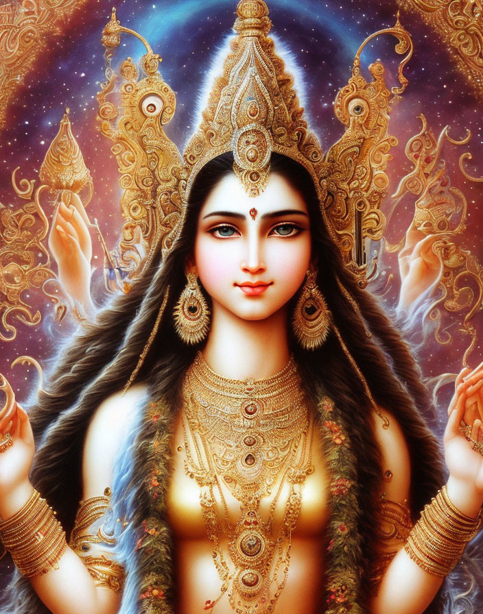 Divine female figure with multiple arms and vibrant halo in celestial setting