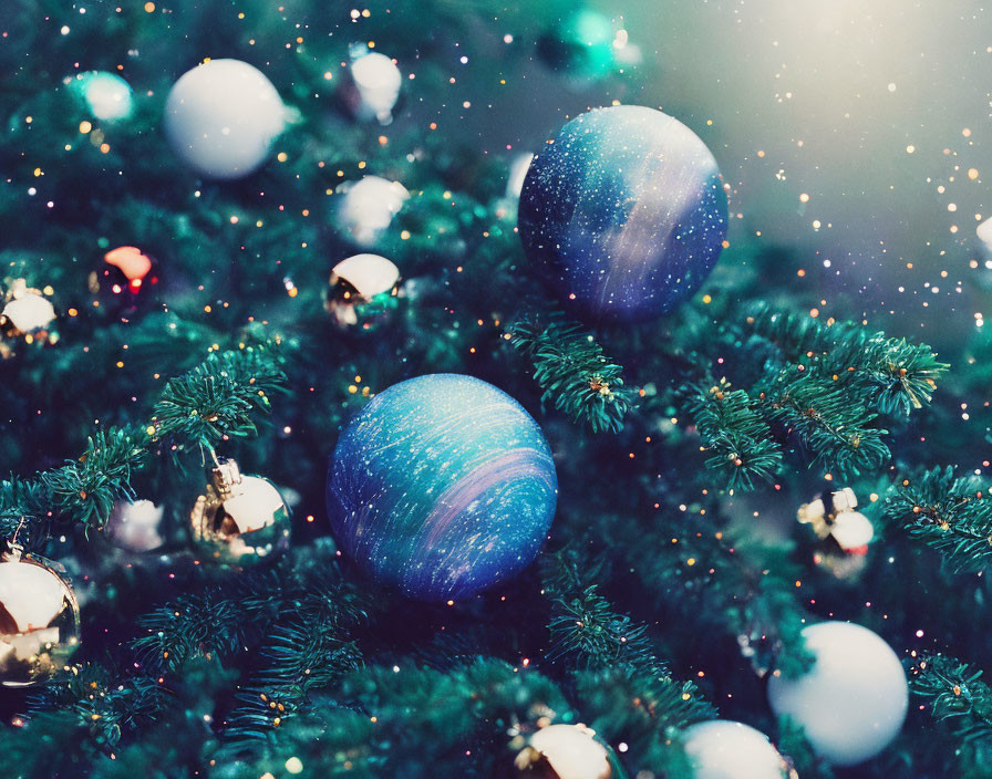 Close-up of Decorated Christmas Tree with Blue and Silver Ornaments